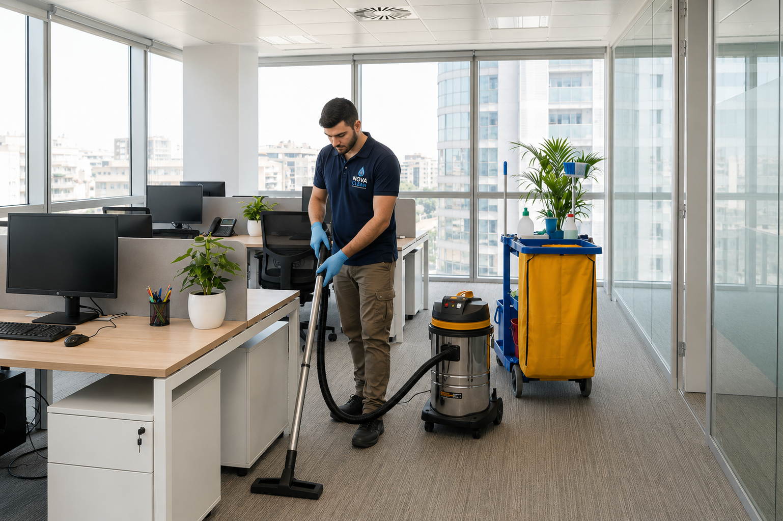 Dos técnicos de Nova Clean limpiando puestos de trabajo y cristales en una oficina