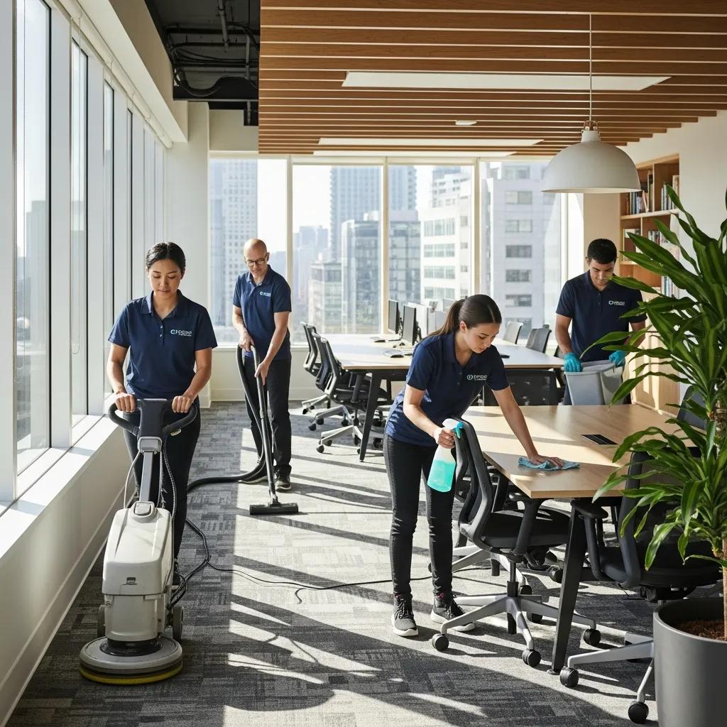 Técnico de Nova Clean aspirando una oficina con vistas a la ciudad